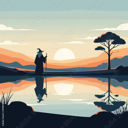 A lone wizard stands by a tranquil lake at sunset, contemplating the vast landscape.