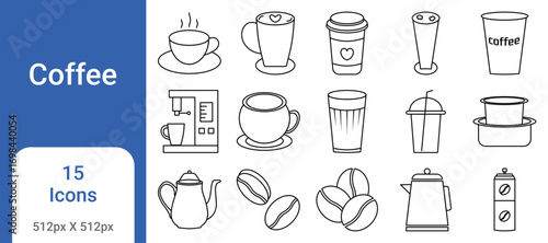 Coffee Icon Set – Cup, Beans, Espresso, Latte, Mug, Café, Hot Drink Icons