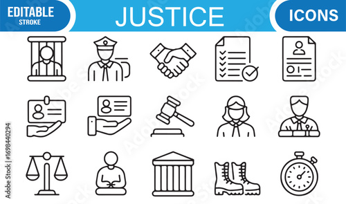 Legal and crime vector icons pack including prisoner, police, contract, and handshake graphics
