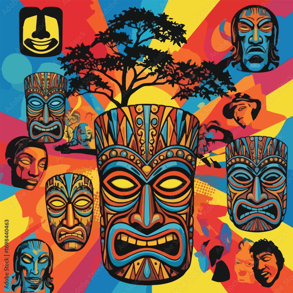 Obraz premium Colorful tiki mask collage with vibrant background and tree silhouette.
