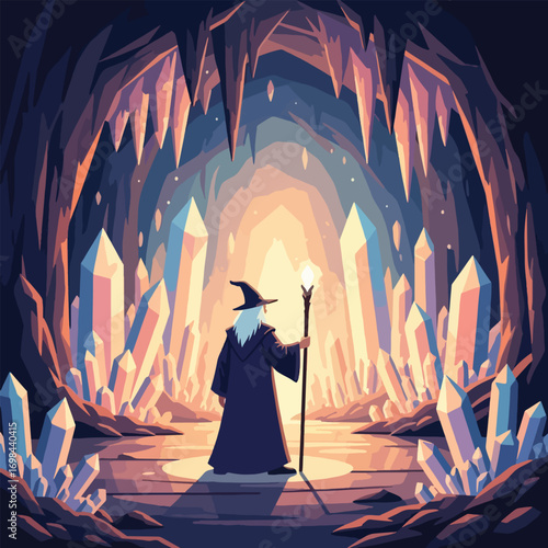 A wizard stands in a crystal cave, holding a glowing staff, surrounded by large crystals.