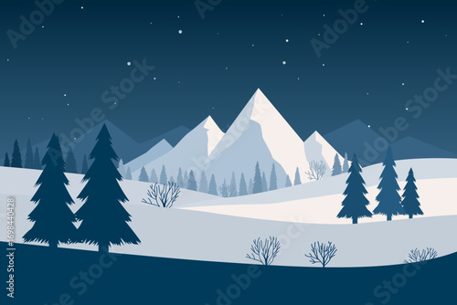 Night winter landscape. Vector illustration of mountain landscape. Winter snowy landscape with beautiful mountains, pine trees and night starry sky. Christmas nature for background.