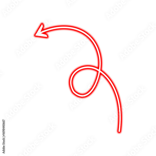 Red Neon Arrow Icon, Curved Loop Direction Symbol, Modern Vector Graphic, Dynamic Motion Illustration, Bright Sign Design, Creative Navigation Art