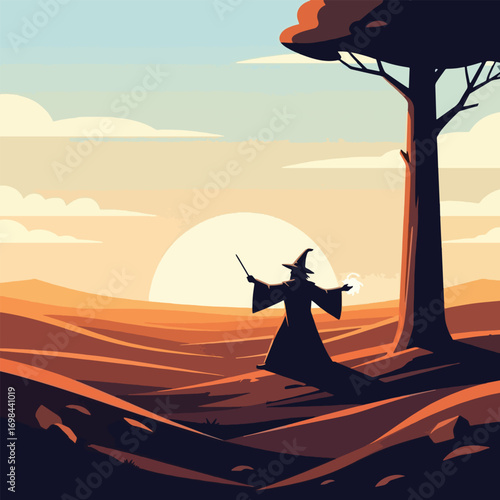 A lone wizard silhouette casting a spell at sunset in a vast, arid landscape with a large tree.