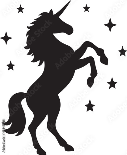 Majestic Unicorn Silhouette Surrounded by Stars Standing on Hind Legs in Black