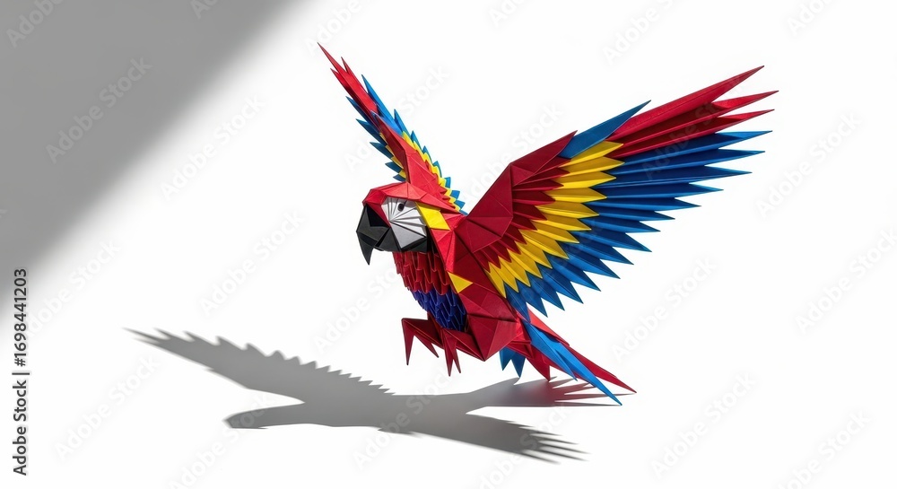 Obraz premium Vibrant Origami Macaw in Flight, Casting a Sharp, Jagged Shadow on a White Surface.