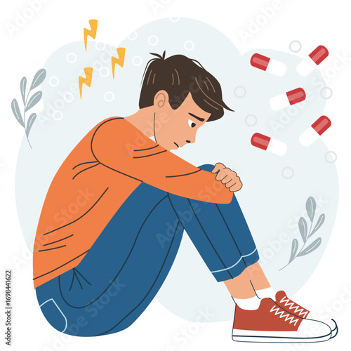 Hand drawn vector illustration of sad man sitting on the floor with medical pills around. Flat cartoon concept of mental health struggle, depression, anxiety, stress or substance drug addiction.