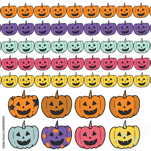 ハロウィンのかぼちゃ（ジャック・オー・ランタン）のカラフルパターンセット