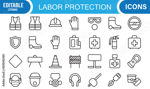 Safety and health icons set with protective boots, harness, mask, and fire prevention symbols