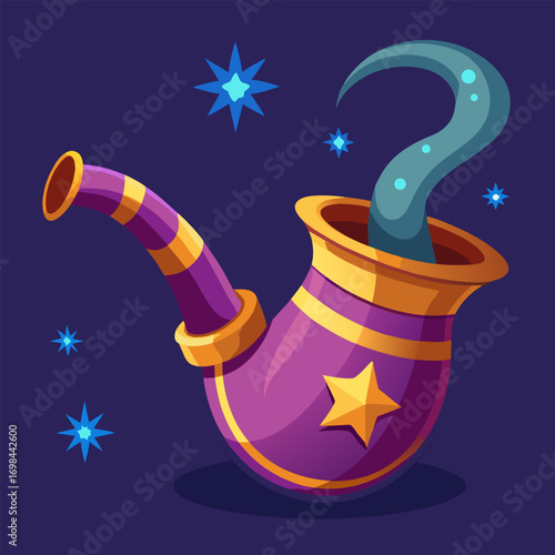 Mystical smoking pipe with glowing stars image. Cartoon vector illustration.