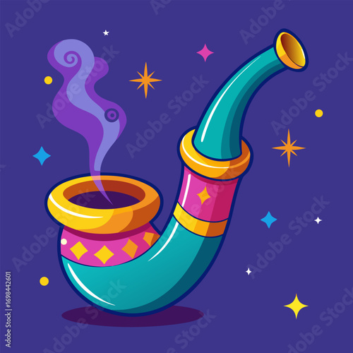 Magical smoking pipe with sparkles and smoke image. Cartoon vector illustration.