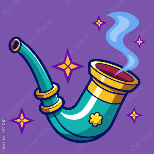Mystical smoking pipe with glowing stars image. Flat vector illustration.