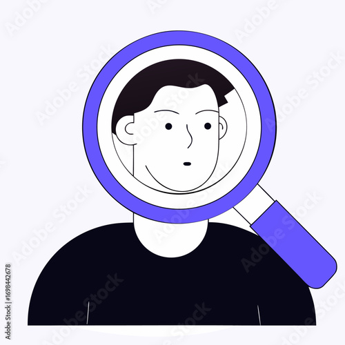 Embarrassed man under magnifying glass image. Flat vector illustration.
