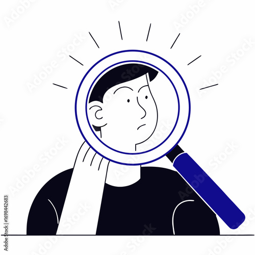 A man under magnifying glass image. Flat vector illustration.