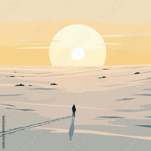 A solitary figure stands on a vast, sun-drenched, snowy plain at dawn.