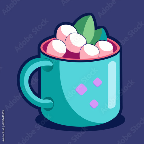 Hot cocoa mug and marshmallows image. Cartoon vector illustration.