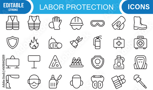 Worker protection line illustrations featuring equipment like gloves, helmet, and earmuffs