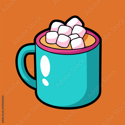 Hot chocolate drink with marshmallows image. Cartoon vector illustration.