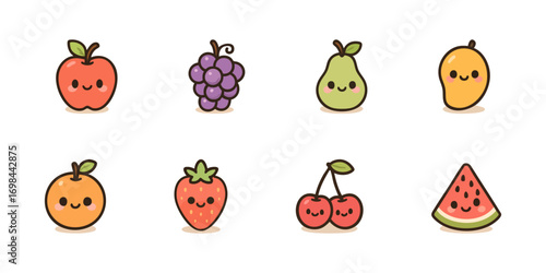 Cute fruit icons on white background