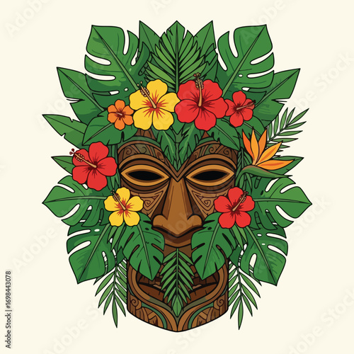 A vibrant illustration of a traditional wooden tiki mask adorned with lush tropical leaves and colorful hibiscus flowers.