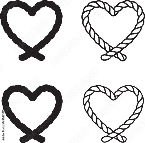 Isolated rope heart icons, black love heart vector, minimal rope tied silhouette, outline romantic symbol, decorative love clipart, editable vector rope heart icon set