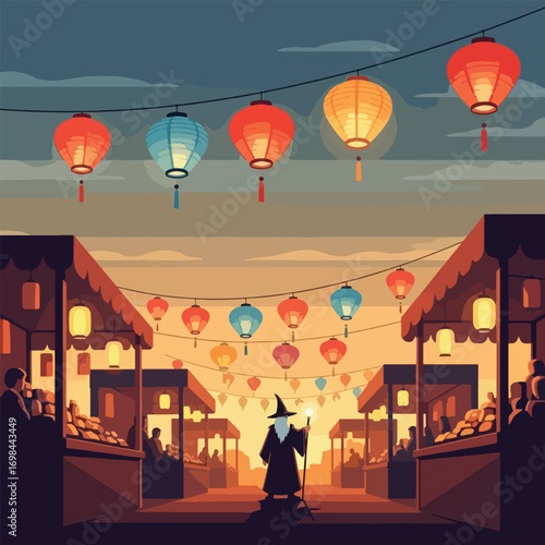 A wizard stands in a vibrant marketplace, illuminated by colorful lanterns at dusk.