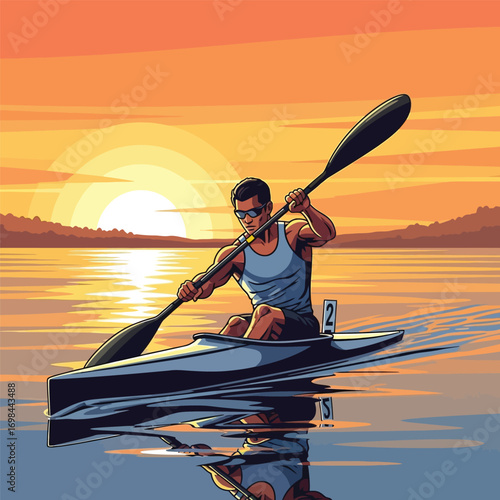 Man kayaking at sunset isolated on white background in cartoon style