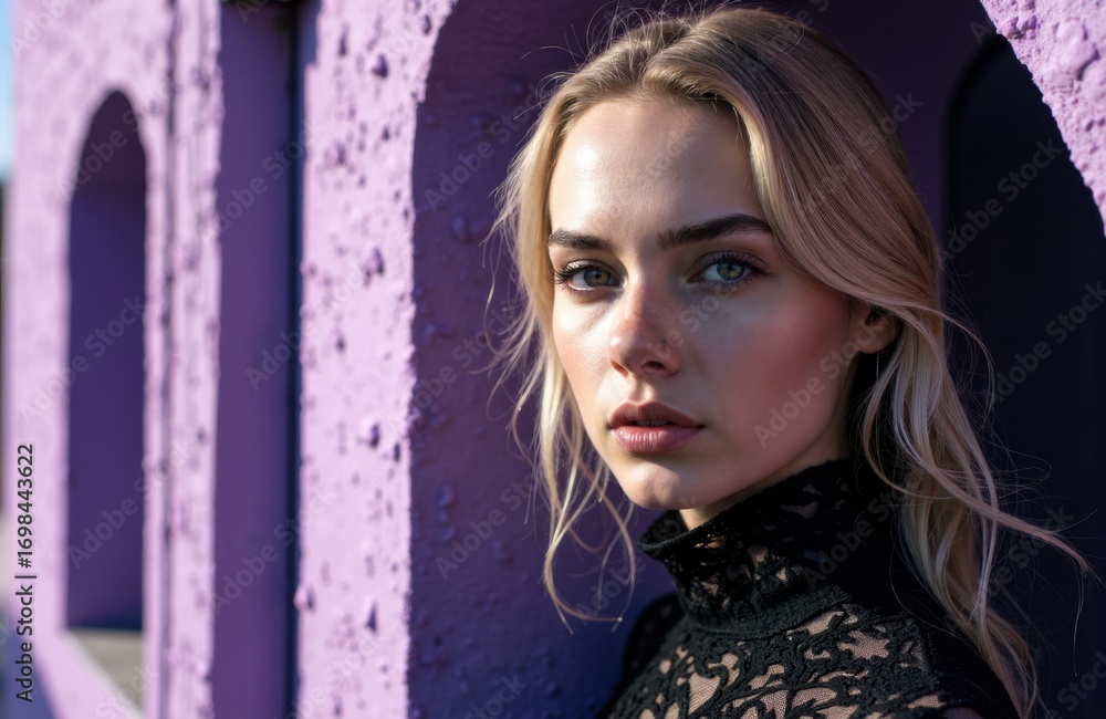 Fototapeta premium Woman with blonde hair and blue eyes standing against a purple wall with arches