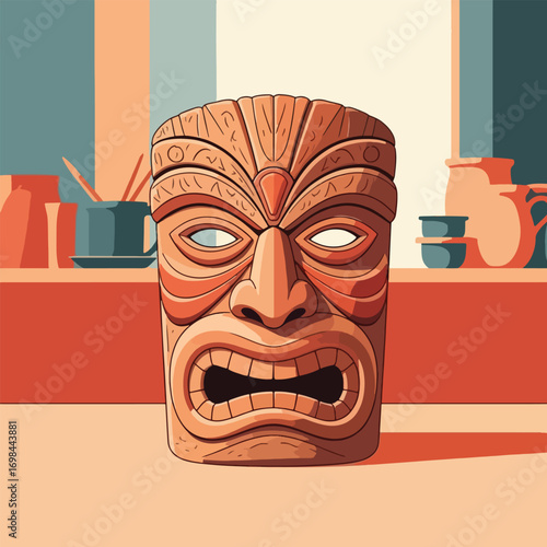 A carved tiki mask rests on a counter among pottery.
