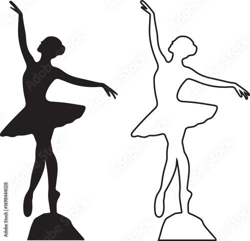 Elegant Ballerina Silhouette and Outline in Graceful Pose Against White Background