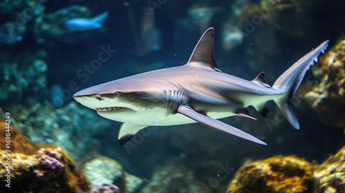 Shark Swimming in Aquarium with Streamlined Body and Natural Habitat Elements