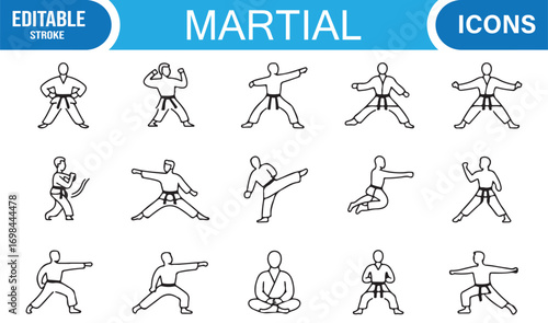 Fitness and fighting martial vector icons with karate, taekwondo, kung fu, and exercise training