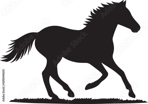 Galloping Horse Silhouette on Grass Black and White Vector Image