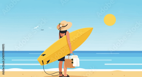 Stylish Flat Illustration of Woman with Surfboard at the Beach Seascape