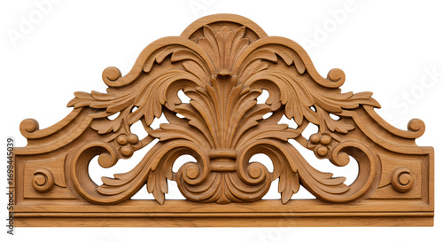 Ornate Wooden Carving: A meticulously crafted, high-definition shot of an elegant wooden carving showcases intricate patterns and detailed craftsmanship, ideal for design projects.