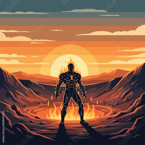 Silhouette of a powerful figure standing in a fiery crater at sunset, evoking a sense of strength and primal energy.