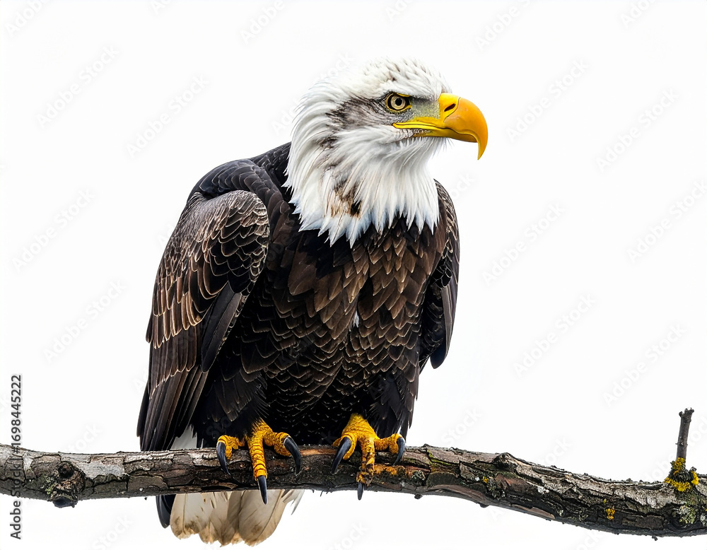 Obraz premium Majestic bald eagle perched on a branch, observing with intense focus against white.