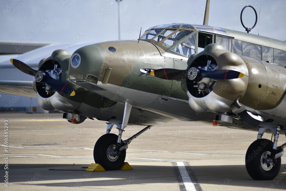 Obraz premium Jersey airport airshow, U.K. September 11th 2025: The WW2 Avro Anson Mk1 RAF aircraft, coastal reconnaissance plane.
