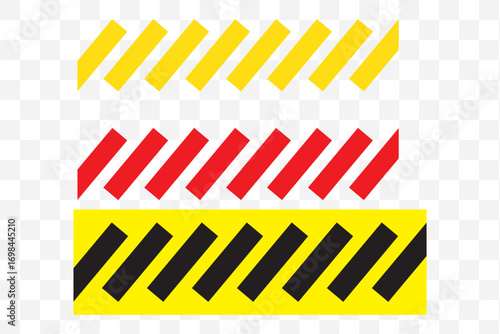Warning tape in yellow red black diagonal stripes line, caution hazard danger road, attention safety stripe warning, warn stop seamless line, stretched caution line