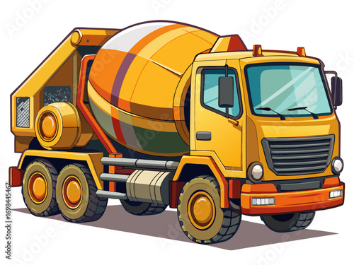 A high-quality vector illustration of a concrete mixer truck, isolated on a white background