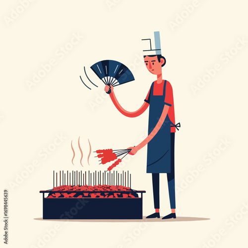 Illustration of a chef grilling skewers over a charcoal barbecue with a fan, preparing street food.