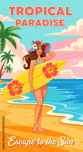 Vibrant Retro Style Surfer Girl on Tropical Beach Illustration Art
