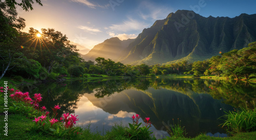Green peaks mirrored in a transparent, serene lake.