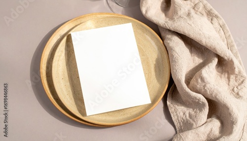 Blank Menu Card Mockup on Ceramic Plate with Linen