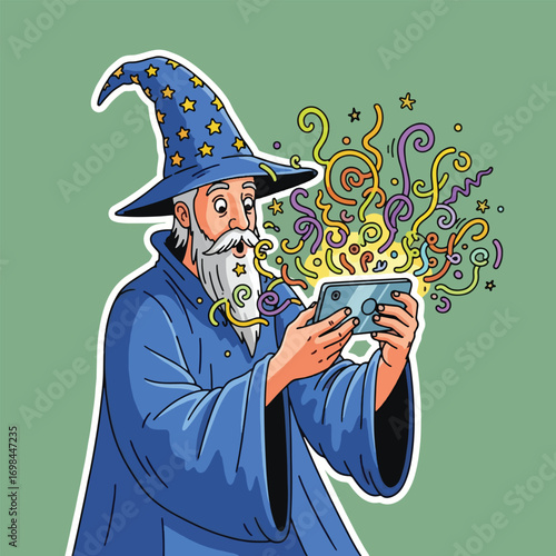 Cartoon wizard using a smartphone to cast a spell with colorful swirls and stars.