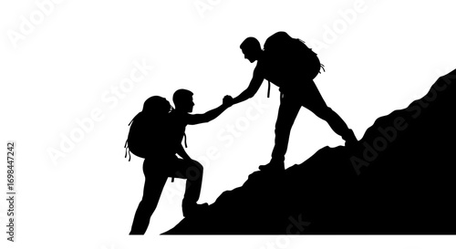 Two hikers helping each other climb a mountain silhouette isolated on white background