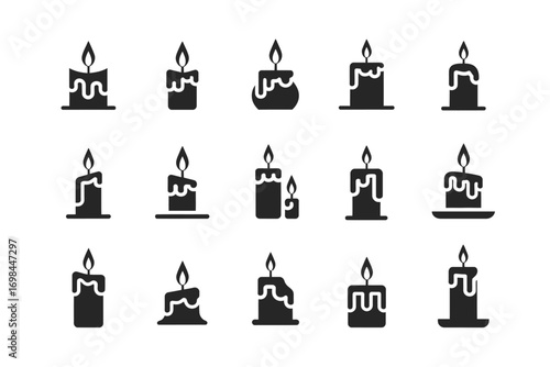 A diverse set of black silhouette candle icons showing various stages of melting wax. Vector glyph collection for design elements