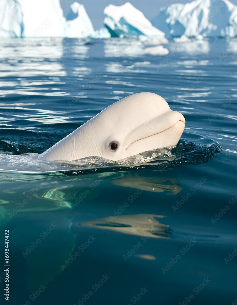 Fototapeta premium White whale surfacing, arctic icebergs in background