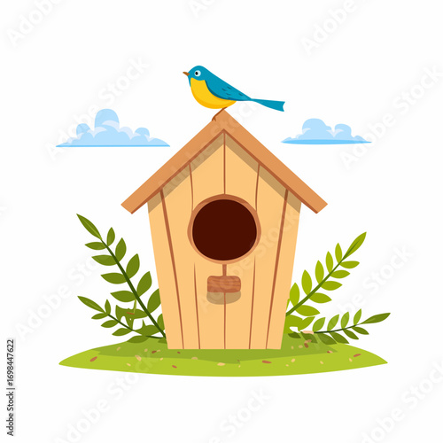 Birdhouse with a bird on the roof. Cartoon vector illustration isolated on white background.