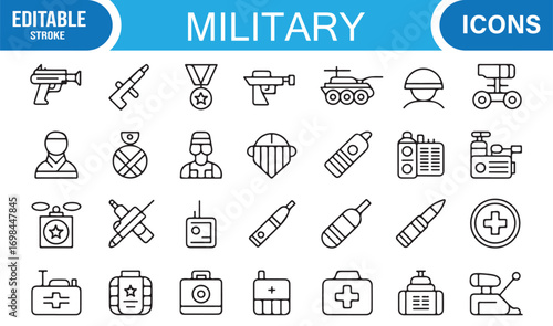 Security and protection outline icons featuring army gear, radio communication, and military medals